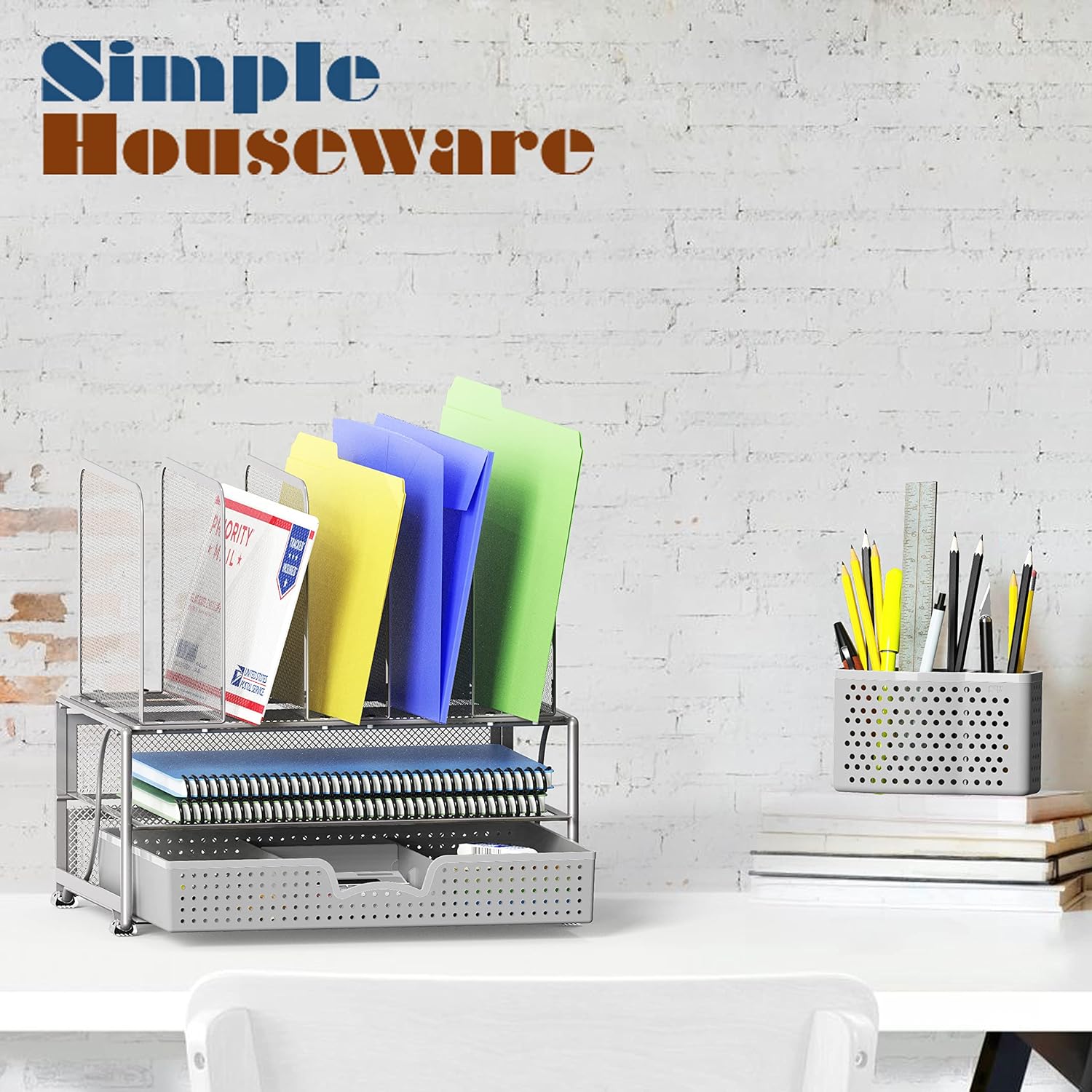 SimpleHouseware Mesh Desk Organizer with Sliding Drawer, Double Tray and 5 Upright Sections, Black - Image 7